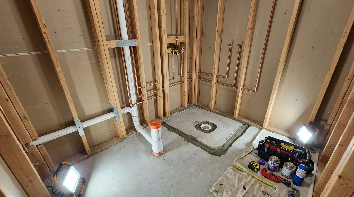 Bathroom rough-in plumbing during remodel by Johns Plumbing LLC in San Ysidro