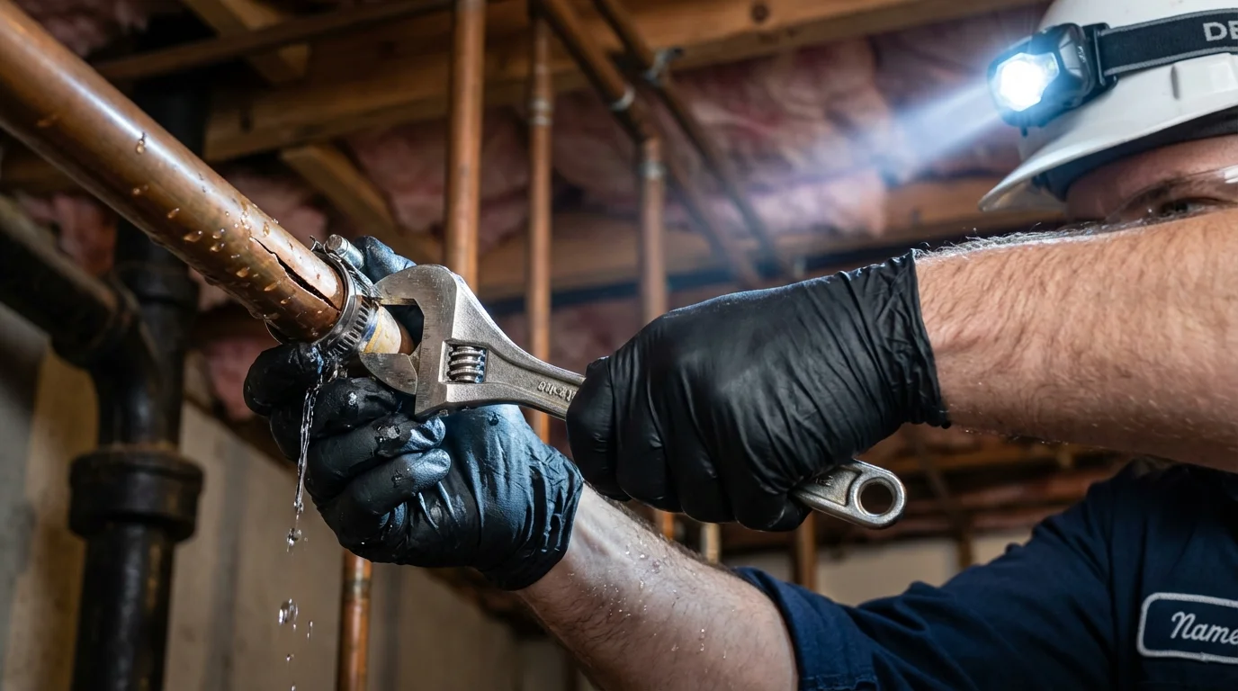 Emergency pipe clamp repair being performed by a Johns Plumbing LLC plumber in San Ysidro