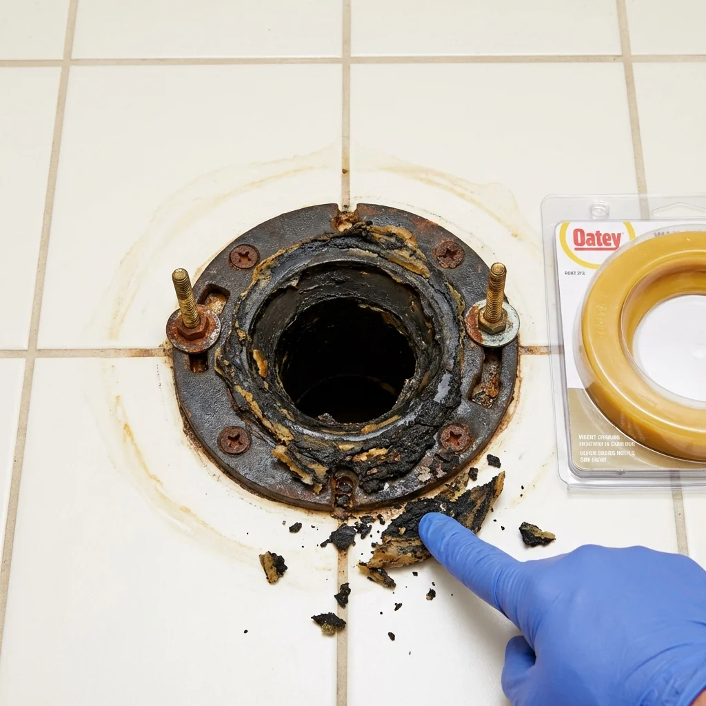Failed wax ring showing water seepage at the base of a toilet in a San Ysidro, NM home