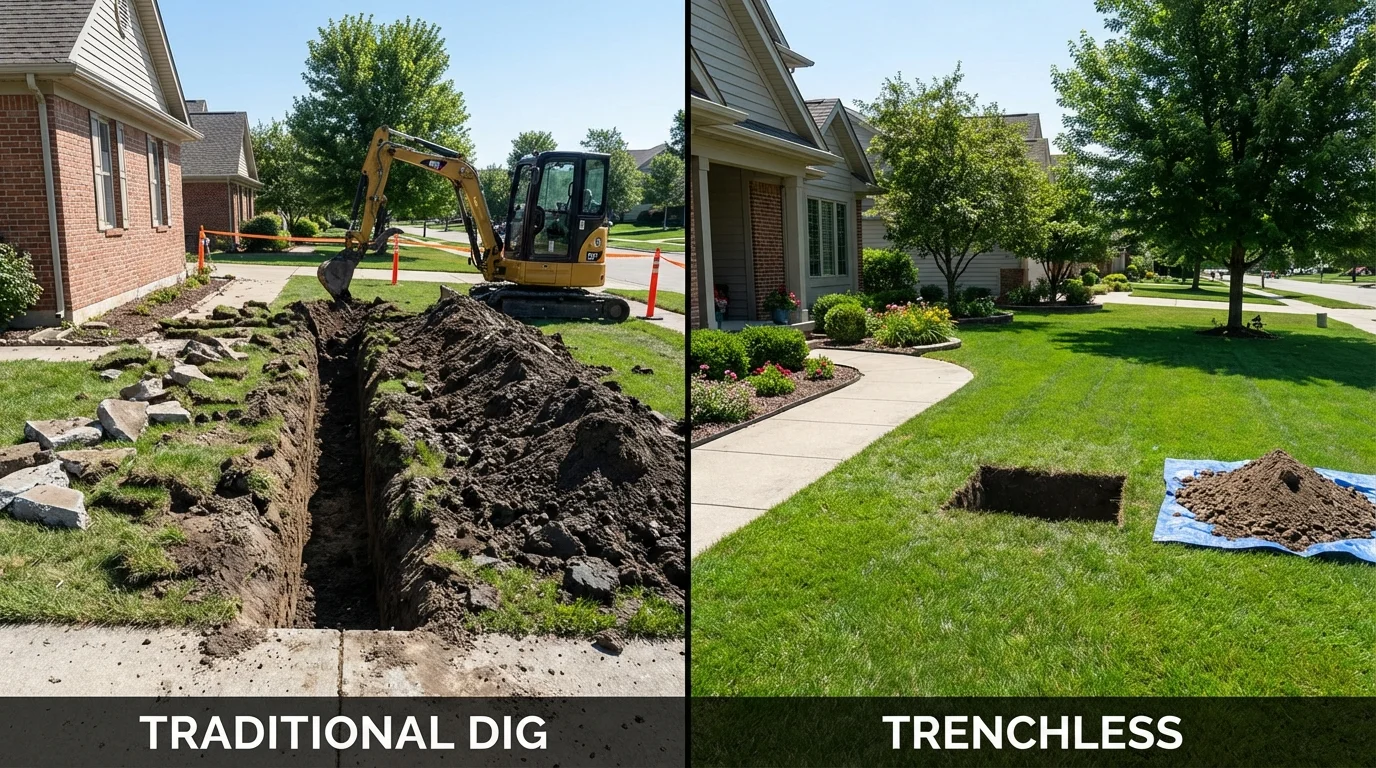 Trenchless sewer repair with minimal yard damage versus traditional excavation in San Ysidro, NM