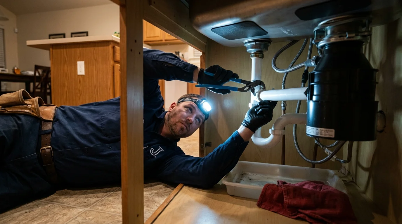 P-trap and supply line connections under a kitchen sink showing a common leak point in San Ysidro, NM